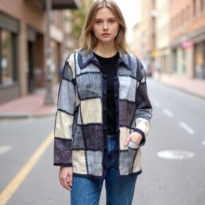 Denim & Co Womens Large Blue Grey Suede Patchwork Leather Jacket A37239 Crochet